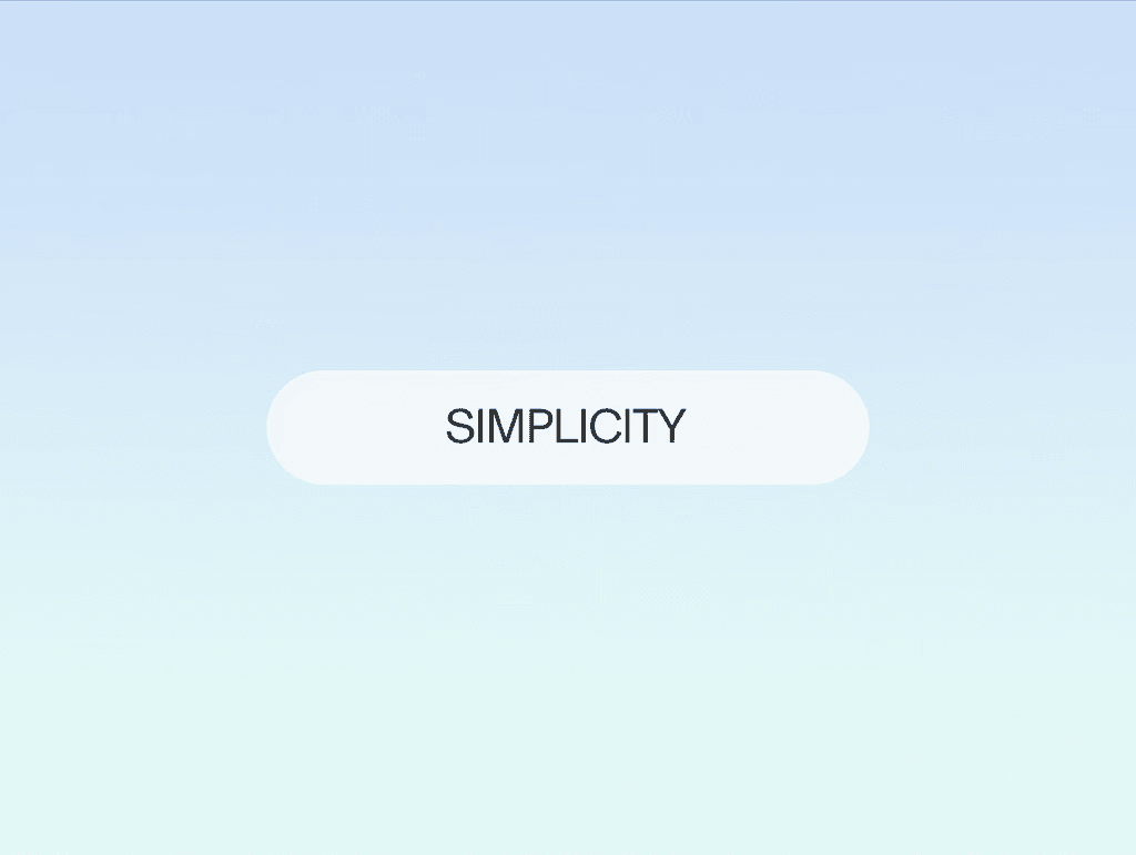 Soft sky-blue gradient with a centred white pill label reading SIMPLICITY.