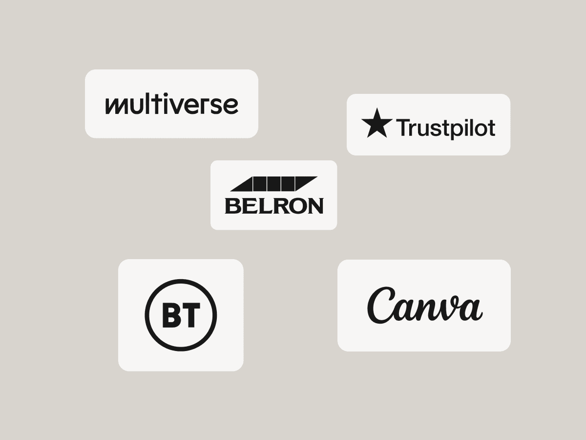 Customer logos including Multiverse, Trustpilot, Belron, BT, and Canva
